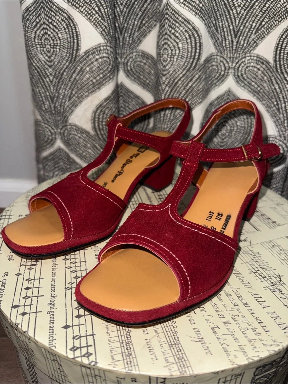 Vintage Burgundy T-Strap Suede Block Heel Sandals